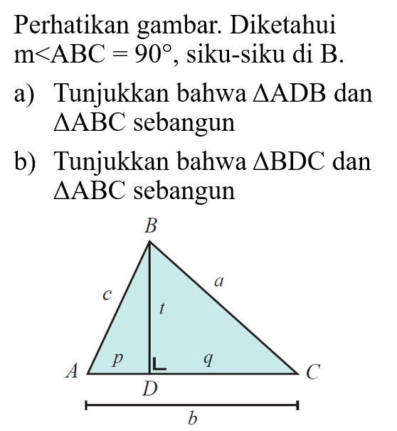 Perhatikan gambar. Diketahui  m sudut ABC=90, siku-siku di B.a) Tunjukkan bahwa segitiga ADB dan segitiga ABC sebangunb) Tunjukkan bahwa segitiga BDC dan segitiga ABC sebangun A B C D a b c p q l