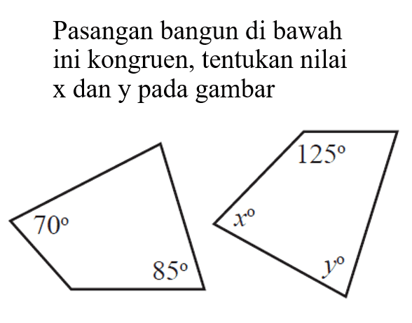 Pasangan bangun di bawah ini kongruen, tentukan nilai x dan y pada gambar