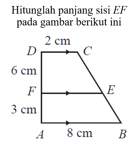 Hitunglah panjang sisi EF pada gambar berikut ini2 cm 6 cm 3 cm 8 cm A B C D E F