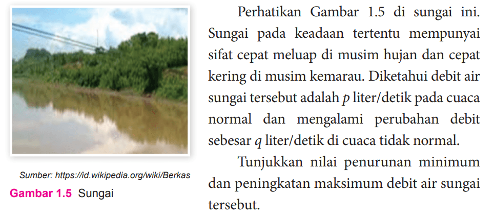 Perhatikan Gambar 1.5 di sungai ini. Sungai pada keadaan tertentu mempunyai sifat cepat meluap di musim hujan dan cepat kering di musim kemarau. Diketahui debit air sungai tersebut adalah p liter/detik pada cuaca normal dan mengalami perubahan debit sebesar q liter/detik di cuaca tidak normal. Tunjukkan nilai penurunan minimum dan peningkatan maksimum debit air sungai tersebut.