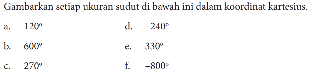 Gambarkan setiap ukuran sudut di bawah ini dalam koordinat kartesius. a.  120 b. 600 c. 270 d. -240 e. 330 f. -800 