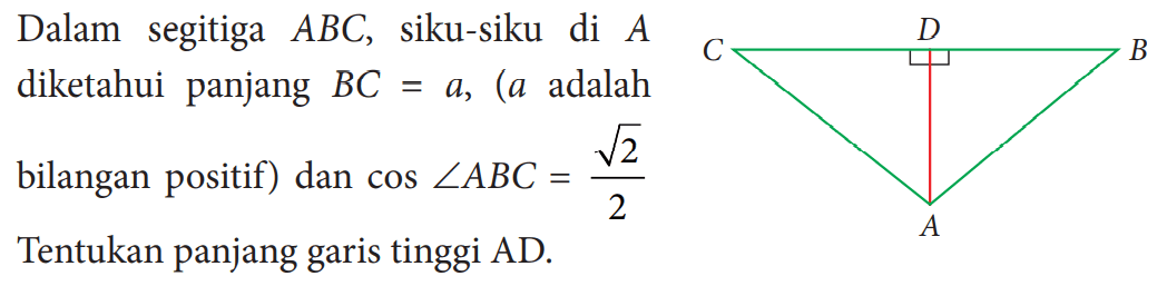 Dalam segitiga  ABC, siku-siku di A diketahui panjang  BC=a, (a adalah bilangan positif) dan cos sudut ABC=akar(2)/2  Tentukan panjang garis tinggi AD.