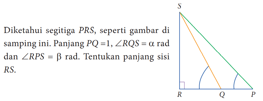 Diketahui segitiga PRS, seperti gambar di samping ini. Panjang PQ=1, sudut RQS=a rad  dan sudut RPS=b rad. Tentukan panjang sisi RS. 