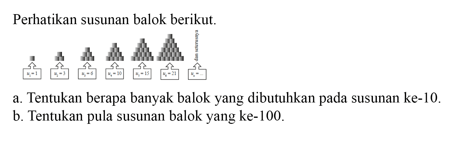 Perhatikan susunan balok berikut. a. Tentukan berapa banyak balok yang dibutuhkan pada susunan ke-10. b. Tentukan pula susunan balok yang ke-100.