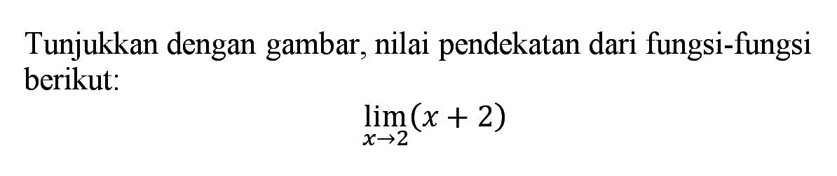 Tunjukkan dengan gambar, nilai pendekatan dari fungsi-fungsi berikut; lim x->2 (x+2)
