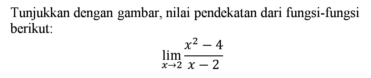Tunjukkan dengan gambar, nilai pendekatan dari fungsi-fungsi berikut: limit x->2 (x^2-4)/(x-2)