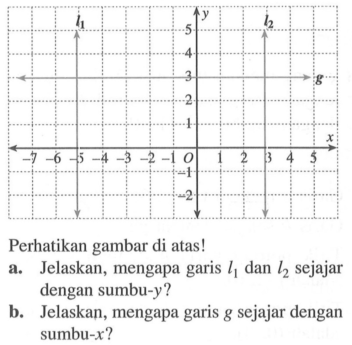 Perhatikan gambar di atas! a. Jelaskan mengapa garis I1 dan I2 sejajar dengan sumbu-y? b. Jelaskan, mengapa garis g sejajar dengan sumbu-x?