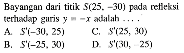 Bayangan dari titik S(25,-30) pada refleksi terhadap garis y=-x adalah... 