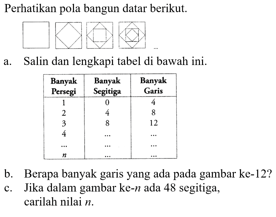 Perhatikan pola bangun datar berikut. a. Salin dan lengkapi tabel di bawah ini. Banyak Persegi Banyak Segitiga Banyak Garis 1 0 4 2 4 8 3 8 12 4 ... ... n ... ... b. Berapa banyak garis yang ada pada gambar ke-12? c. Jika dalam gambar ke-n ada 48 segitiga, carilah nilai n.