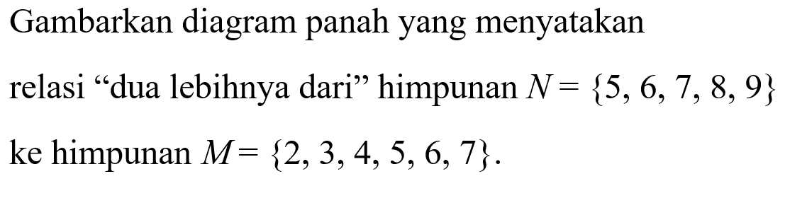 Gambarkan diagram panah yang menyatakan relasi "dua lebihnya dari" himpunan N = {5, 6, 7, 8, 9} ke himpunan M = {2, 3, 4, 5, 6, 7}.