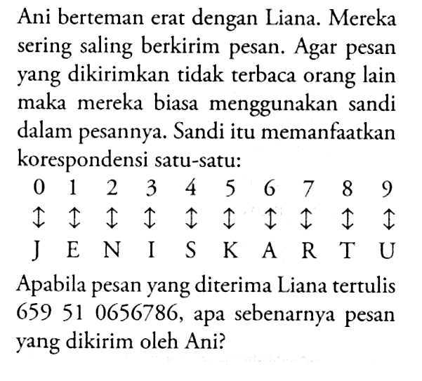 Ani berteman erat dengan Liana. Mereka sering saling berkirim pesan. Agar pesan yang dikirimkan tidak terbaca orang lain maka mereka biasa menggunakan sandi dalam pesannya. Sandi itu memanfaatkan korespondensi satu-satu: 0 1 2 3 4 5 6 7 8 9 J E N I S K A R T U Apabila pesan yang diterima Liana tertulis 659 51 0656786, apa sebenarnya pesan yang dikirim oleh Ani?