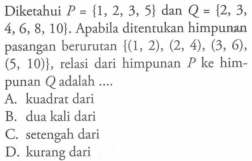 Diketahui P = {1, 2, 3, 5} dan Q = {2, 3, 4, 6, 8, 10}. Apabila ditentukan himpunan pasangan berurutan {(1, 2),(2, 4), (3, 6), (5, 10)}, relasi dari himpunan P ke himpunan Q adalah .... A. kuadrat dari B. dua kali dari C. setengah dari D. kurang dari