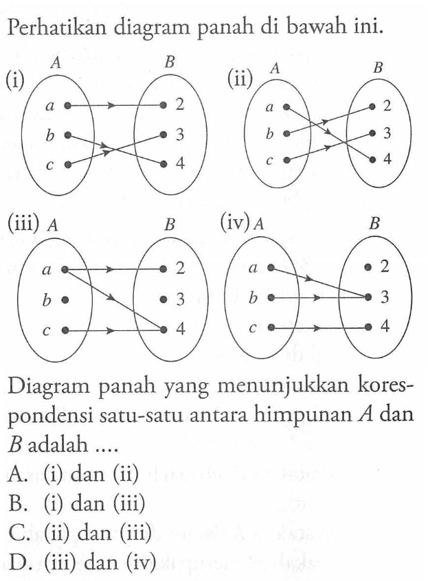 Perhatikan diagram panah di bawah ini. Diagram panah yang menunjukkan korespondensi satu-satu antara himpunan A dan B adalah ....