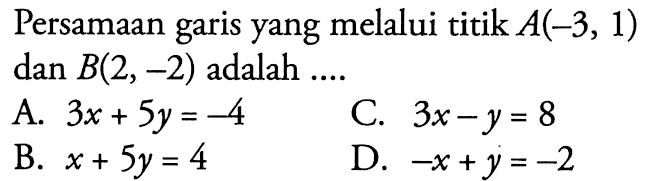 Persamaan garis yang melalui titik A(-3, 1) dan B(2,-2) adalah .... A. 3x + 5y - 4 C. 3x - y = 8 B. x + 5y = 4 D. -x +y = -2