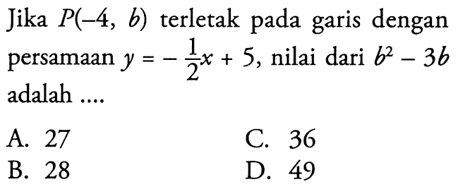 Jika P(-4, b) terletak pada garis dengan persamaan y = -1/2 x + 5, nilai b^2 - 3b adalah .... A. 27 B. 28 C. 36 D. 49