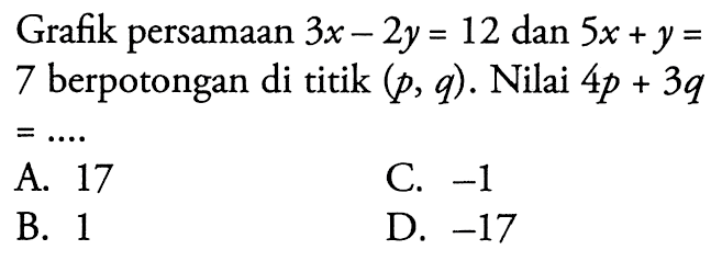 Grafik persamaan 3x - 2y = 12 dan 5x + y = 7 berpotongan di titik (p,q). Nilai 4p + 3q = .... A. 17 B. 1 C. -1 D. -17