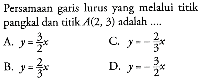 Persamaan lurus yang melalui titik garis pangkal dan titik A(2, 3) adalah ....