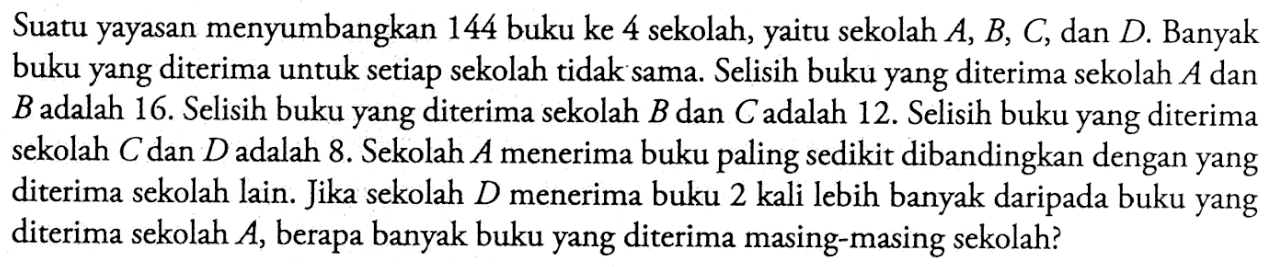 Suatu yayasan menyumbangkan 144 buku ke 4 sekolah, yaitu sekolah A, B, C, dan D. Banyak buku yang diterima untuk setiap sekolah tidak sama. Selisih buku yang diterima sekolah A dan B adalah 16. Selisih buku yang diterima sekolah B dan C adalah 12. Selisih buku yang diterima sekolah C dan D adalah 8. Sekolah A menerima buku paling sedikit dibandingkan dengan yang diterima sekolah lain. Jika sekolah D menerima buku 2 kali lebih banyak daripada buku yang diterima sekolah A, berapa banyak buku yang diterima masing-masing sekolah?