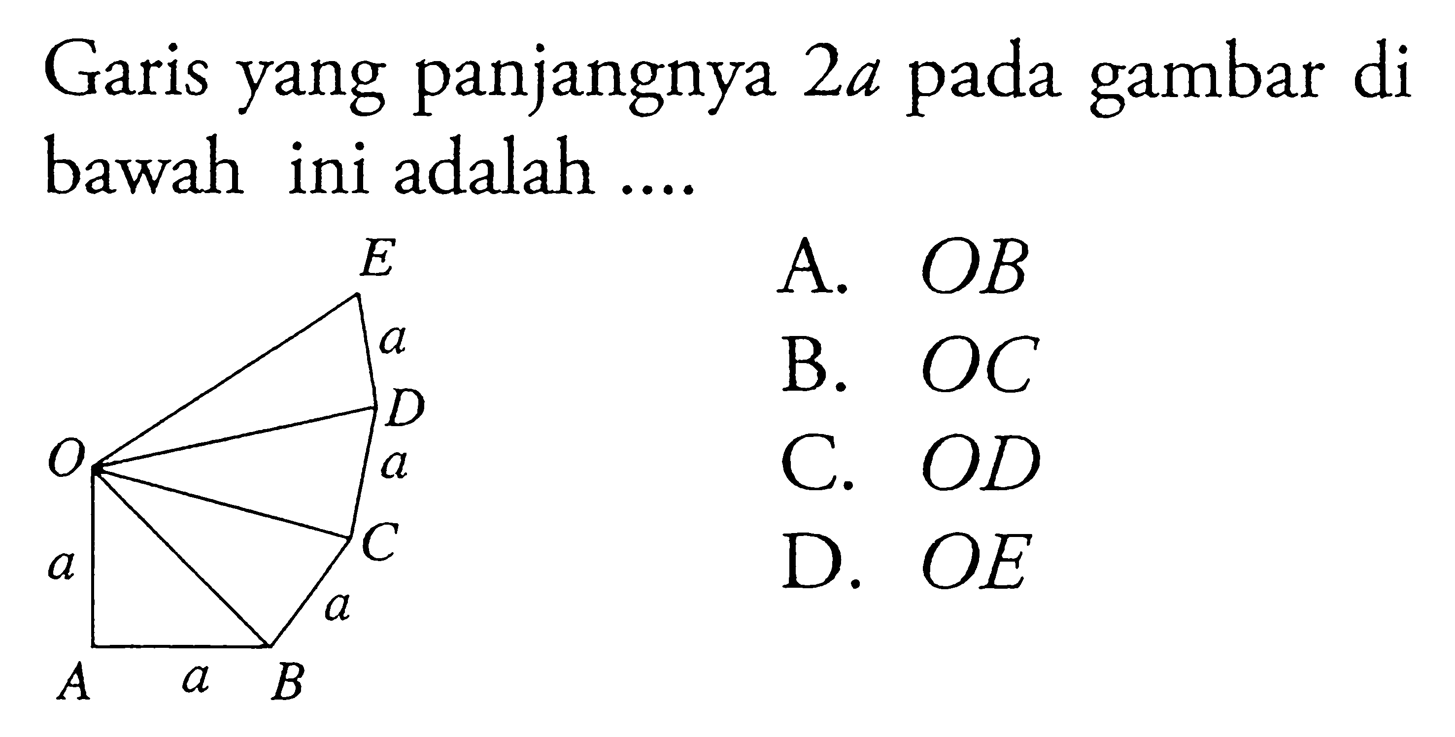 Garis yang panjangnya  2a  pada gambar di bawah ini adalah .... E a DO a a C a A a B A. OB B. OC C. OD D. OE 