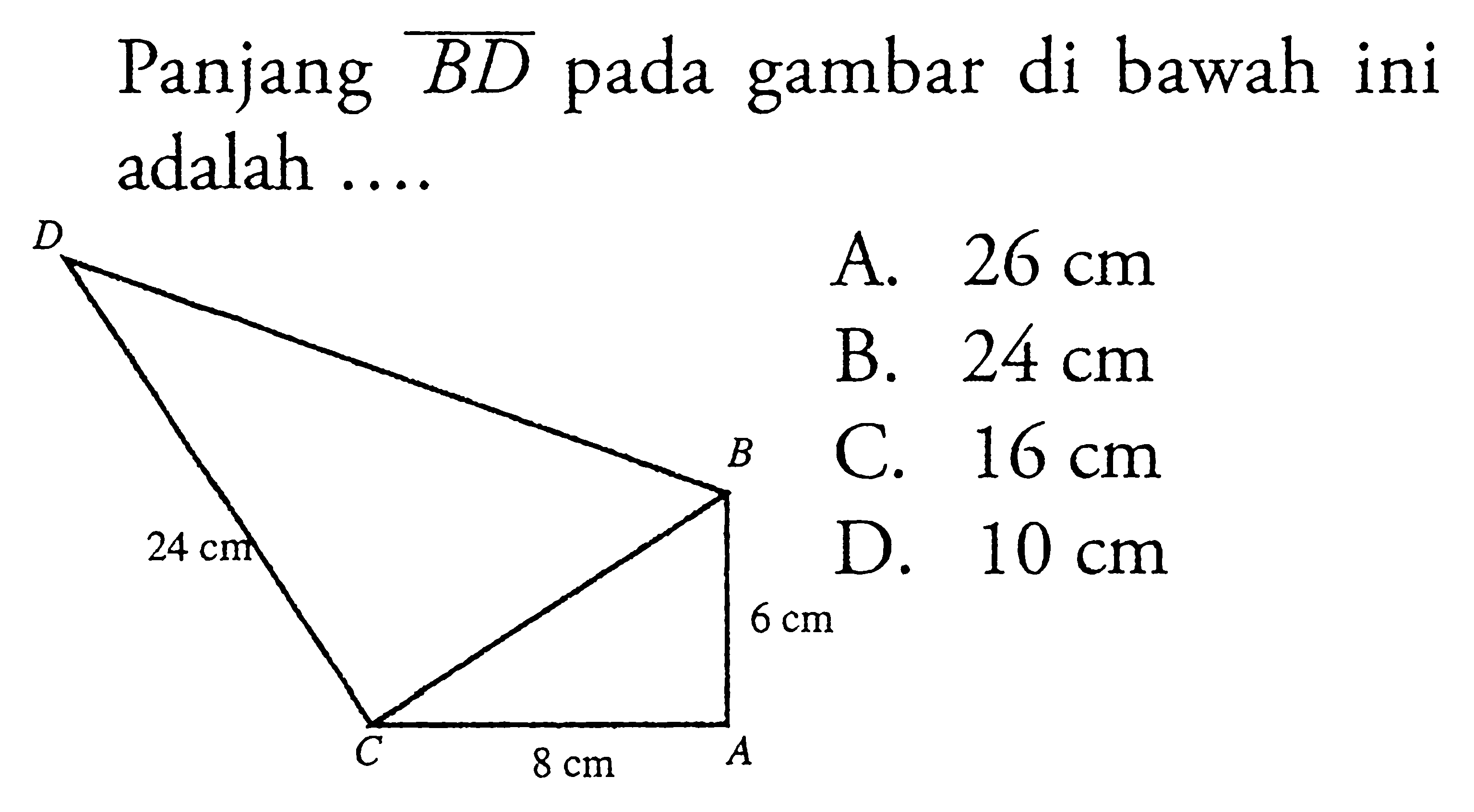 Panjang  B D  pada gambar di bawah ini adalah ....D B 24 cm 6 cmC 8 cm A