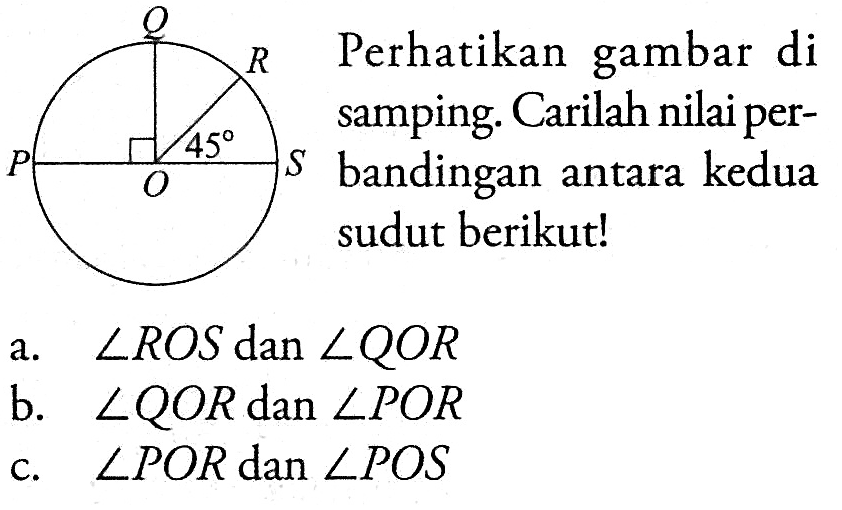 O P Q R S 45 Perhatikan gambar di samping. Carilah nilai perbandingan antara kedua sudut berikut!a. sudut ROS dan sudut QOR b. sudut QOR dan sudut POR c. sudut POR dan sudut POS 