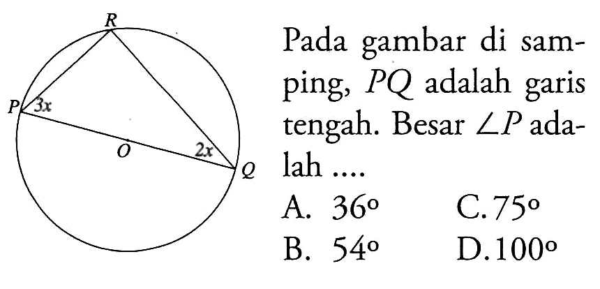 Pada gambar di samping, P Q adalah garis tengah. Besar sudut P adalah ....