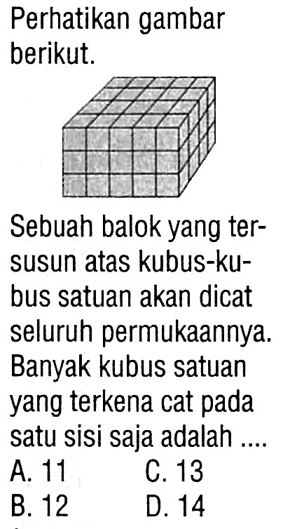 Perhatikan gambar berikut.Sebuah balok yang tersusun atas kubus-kubus satuan akan dicat seluruh permukaannya. Banyak kubus satuan yang terkena cat pada satu sisi saja adalah ....