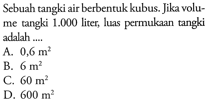 Sebuah tangki air berbentuk kubus. Jika volume tangki 1.000 liter, luas permukaan tangki adalah ....