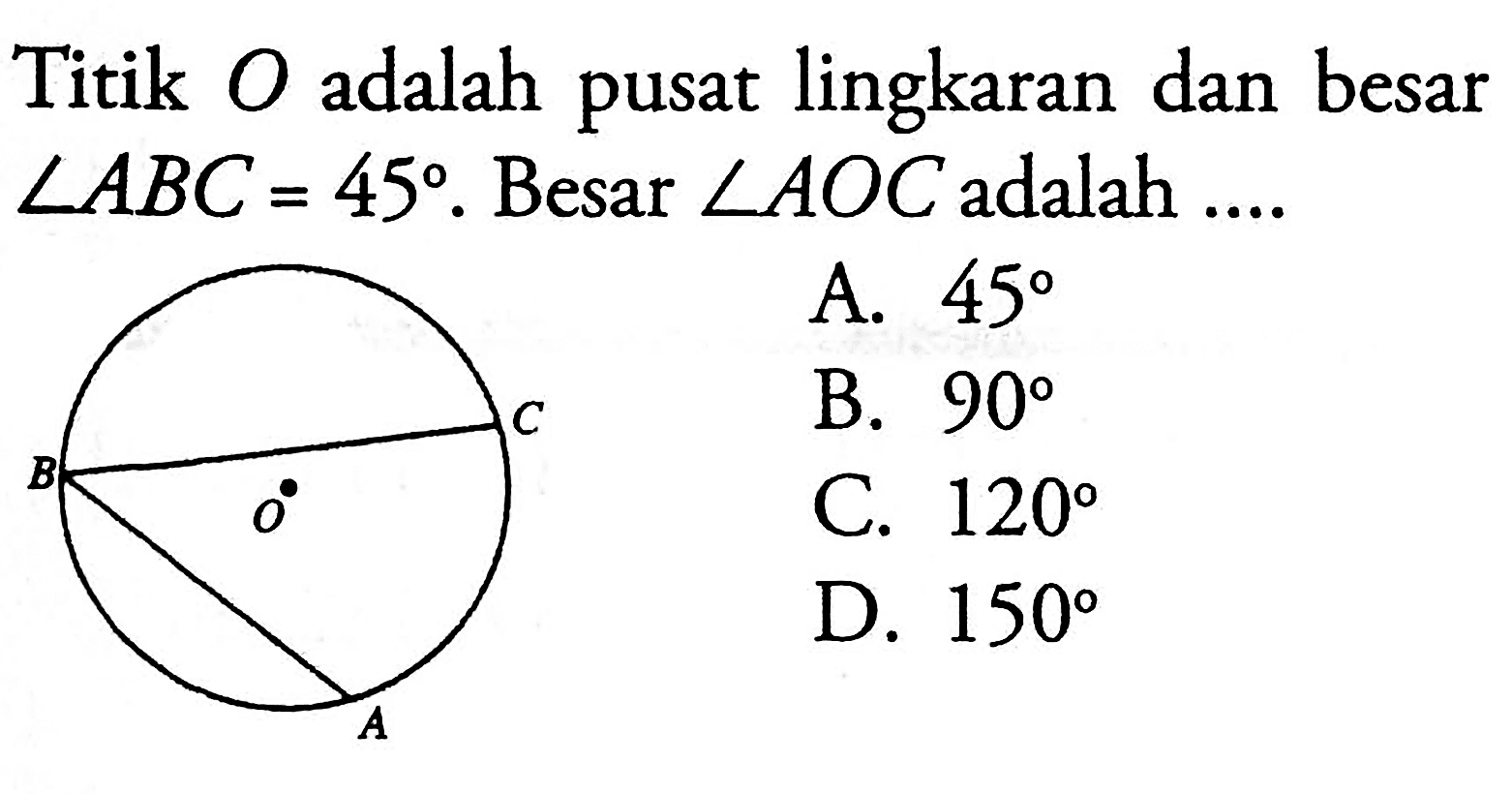 Titik  O  adalah pusat lingkaran dan besar  sudut ABC=45 .  Besar  sudut AOC  adalah ....A.  45 B.  90 C.  120 D.  150 