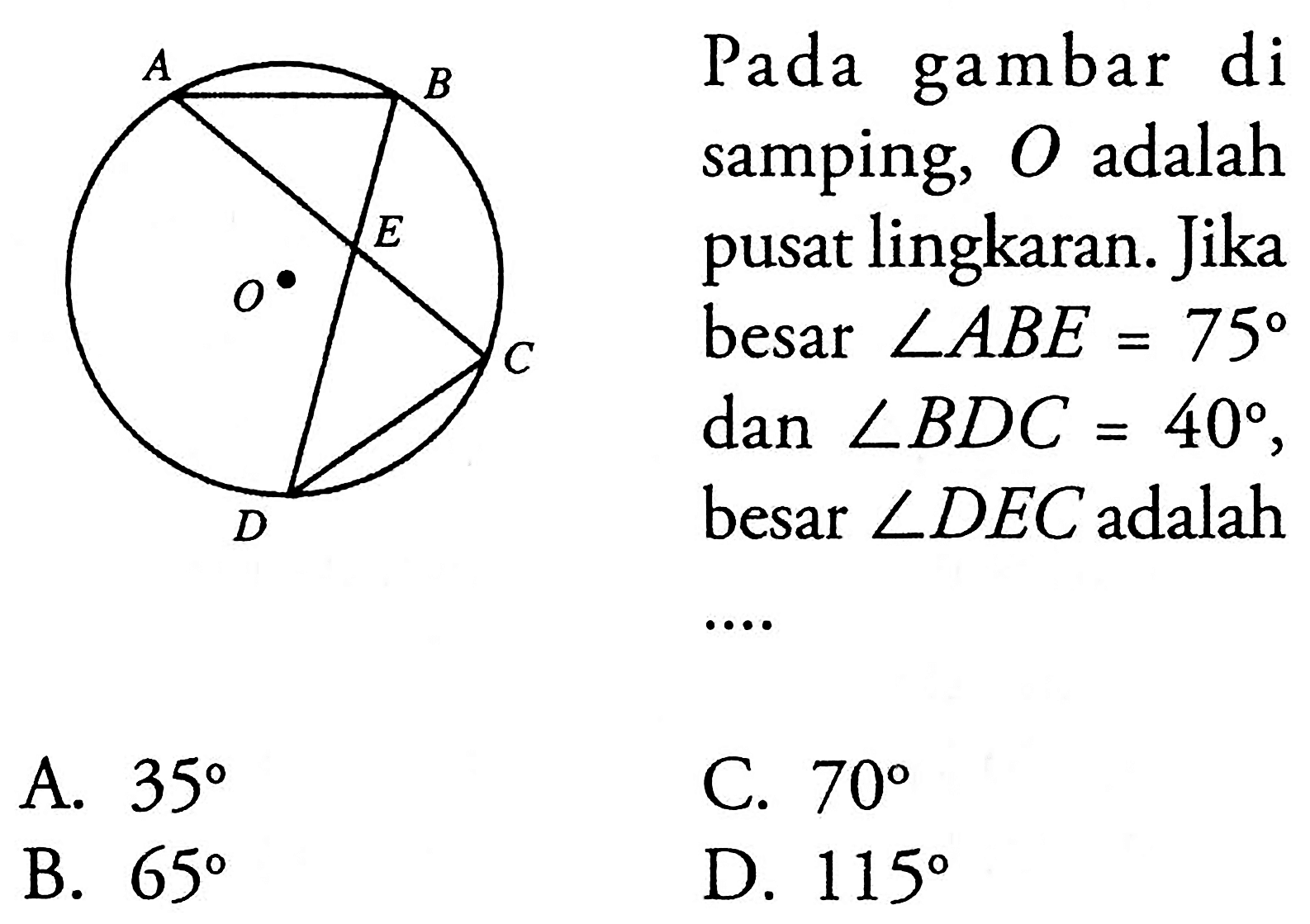 Pada gambar di samping,  O  adalah pusat lingkaran. Jika besar  sudut AB E=75  dan  sudut BDC=40 , besar  sudut DEC  adalah