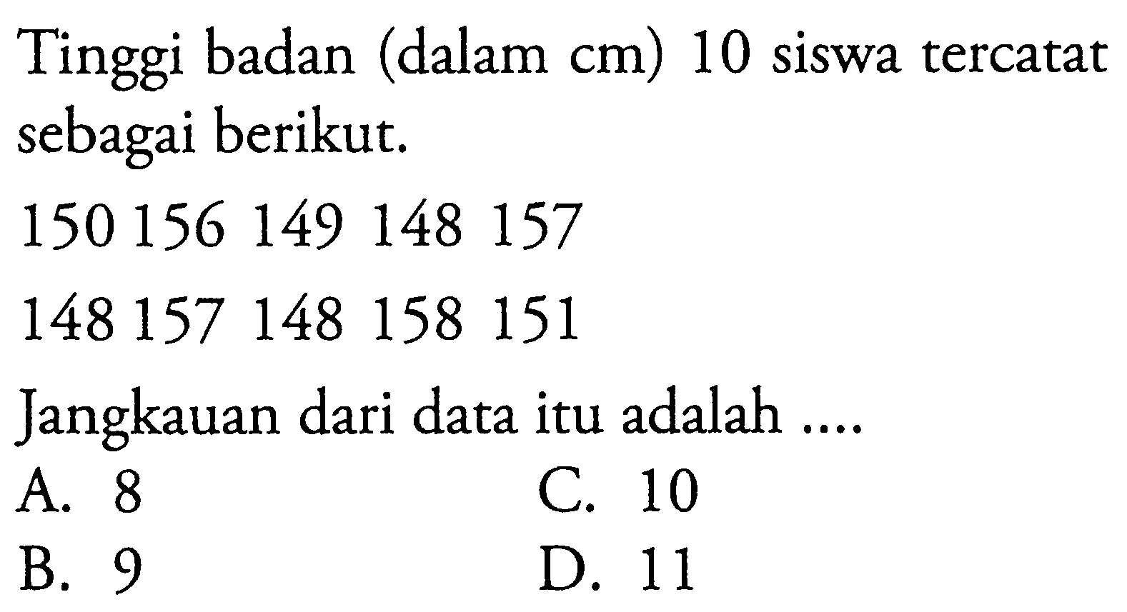 Tinggi badan (dalam cm) 10 siswa tercatat sebagai berikut. 150 156 149 148 157 148 157 158 158 151Jangkauan dari data itu adalah...