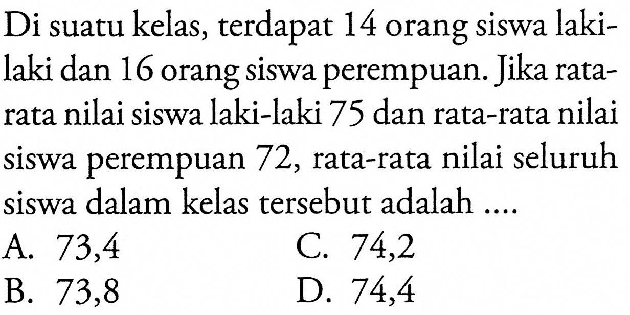 Di suatu kelas, terdapat 14 orang siswa laki-laki dan 16 orang siswa perempuan. Jika ratarata nilai siswa laki-laki 75 dan rata-rata nilai siswa perempuan 72, rata-rata nilai seluruh siswa dalam kelas tersebut adalah ....