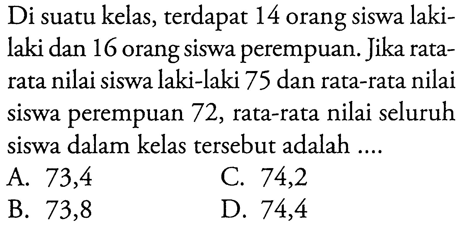 Di suatu kelas, terdapat 14 orang siswa lakilaki dan 16 orang siswa perempuan. Jika ratarata nilai siswa laki-laki 75 dan rata-rata nilai siswa perempuan 72 , rata-rata nilai seluruh siswa dalam kelas tersebut adalah ....
