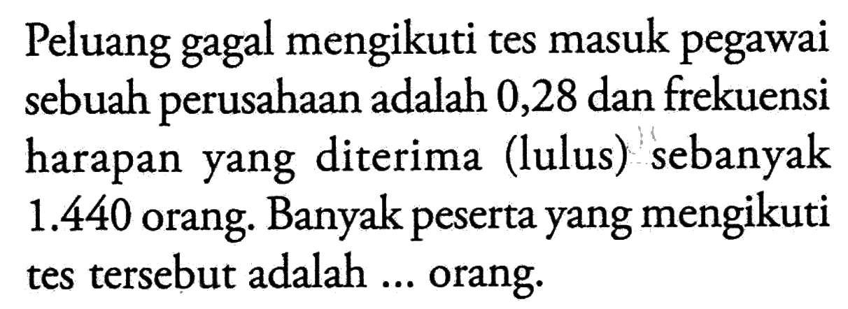 Peluang gagal mengikuti tes masuk pegawai sebuah perusahaan adalah 0,28 dan frekuensi harapan yang diterima (lulus) sebanyak 1.440 orang. Banyak peserta yang mengikuti tes tersebut adalah ... orang.