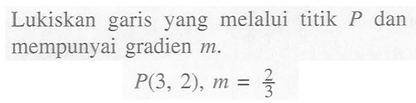 Lukiskan garis yang melalui titik P dan mempunyai gradien m. P(3, 2), m = 2/3