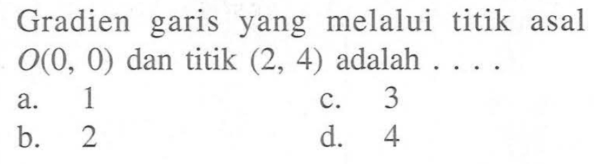 Gradien garis yang melalui titik asal O(0,0) dan titik (2,4) adalah  .... .