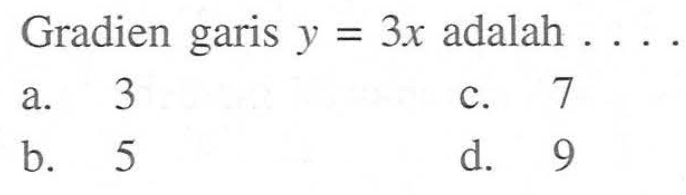 Gradien garis y = 3x adalah . . . . a. 3 b. 5 c. 7 d. 9