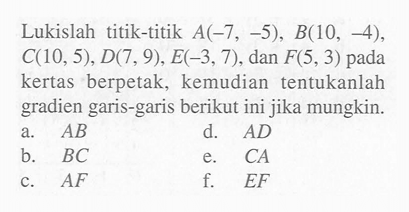 Lukislah titik-titik A(-7, -5), B(10, -4), C(10, 5), D(7,9), E(-3,7), dan F(5,3) pada kertas berpetak, kemudian tentukanlah gradien garis-garis berikut ini jika mungkin.
a. AB 
b. BC 
c.AF
d. AD
e. CA
f. EF