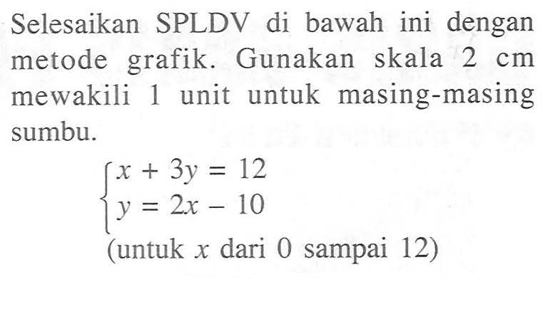 Selesaikan SPLDV di bawah ini dengan metode grafik. Gunakan skala 2 cm mewakili 1 unit untuk masing-masing sumbu: x+3y=12 y=2x-10 (untuk x dari 0 sampai 12)