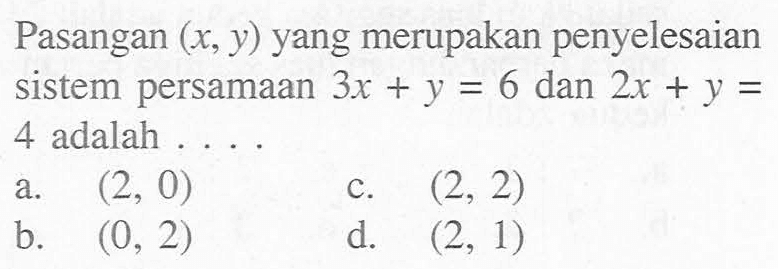 Pasangan (x, y) yang merupakan penyelesaian sistem persamaan 3x + y = 6 dan 2x + y = 4 adalah . . . . a. (2, 0) c. (2, 2) b. (0, 2) d. (2, 1)