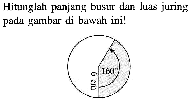 Hitunglah panjang busur dan luas juring pada gambar di bawah ini! 160 6 cm