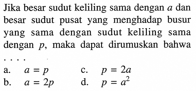 Jika besar sudut keliling sama dengan  a  dan besar sudut pusat yang menghadap busur yang sama dengan sudut keliling sama dengan  p, maka dapat dirumuskan bahwa ...