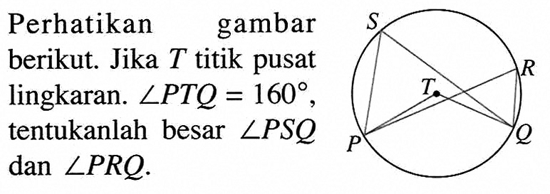 Perhatikan gambar berikut. Jarak T titik pusat lingkaran. Sudut P T Q = 160, tentukanlah besar sudut P S Q dan  sudut P R Q .S T R Q P