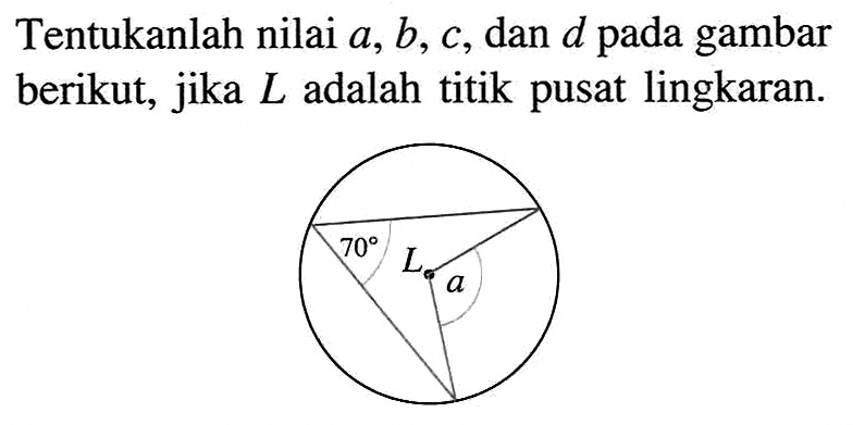 Tentukanlah nilai a, b, c, dan d pada gambar berikut, jika L adalah titik pusat lingkaran.