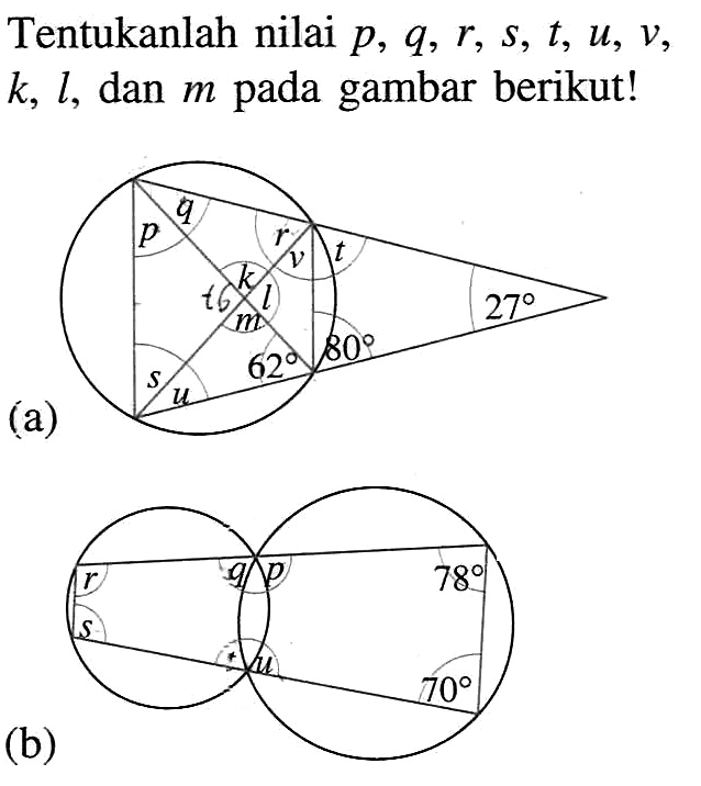 Tentukanlah nilai p, q, r, s, t, u, v, k, l, dan m pada gambar berikut! 
(a) p q r v t 16 k l m 27 s u 62 80 
(b) r s q p t u 78 70