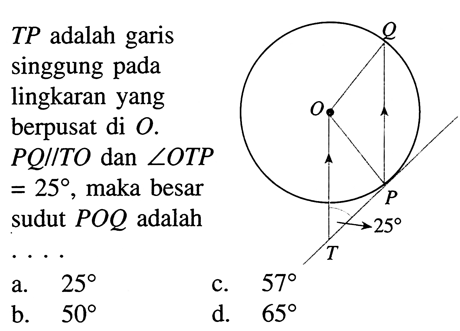 TP  adalah garis singgung pada lingkaran yang berpusat di  O.  PQ//TO dan  sudut OTP=25 , maka besar sudut  POQ  adalahQ O P 25 T 