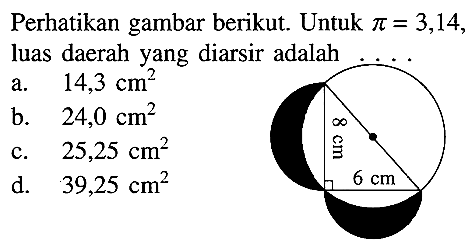 Perhatikan gambar berikut. 8 cm 6 cm Untuk pi=3,14, luas daerah yang diarsir adalaha. 14,3 cm^2 b. 24,0 cm^2 c. 25,25 cm^2 d. 39,25 cm^2