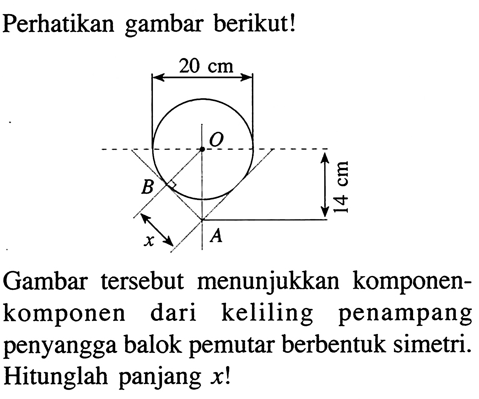 Perhatikan gambar berikut! 
20 cm O B x A 14 cm 
Gambar tersebut menunjukkan komponen-komponen dari keliling penampang penyangga balok pemutar berbentuk simetri. Hitunglah panjang x!