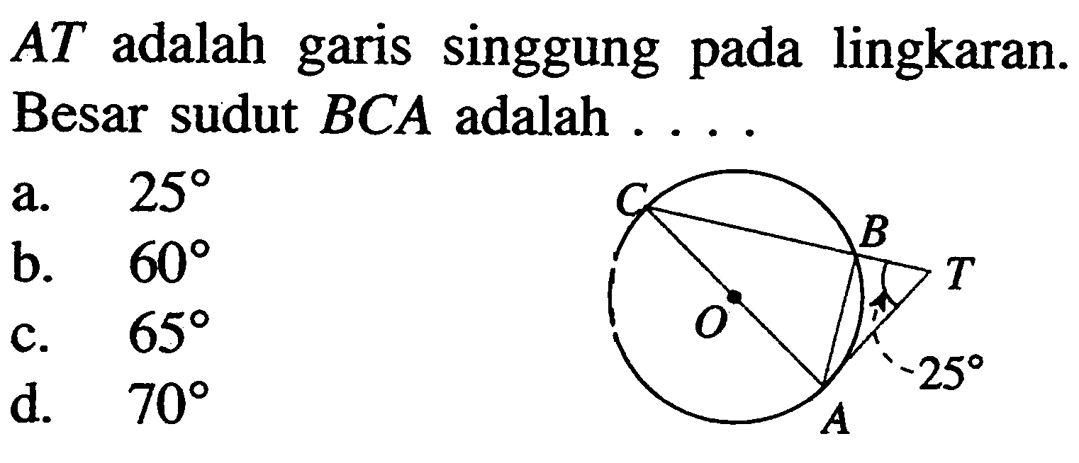 AT adalah garis singgung pada lingkaran. Besar sudut BCA adalah .... A 25 T B C O