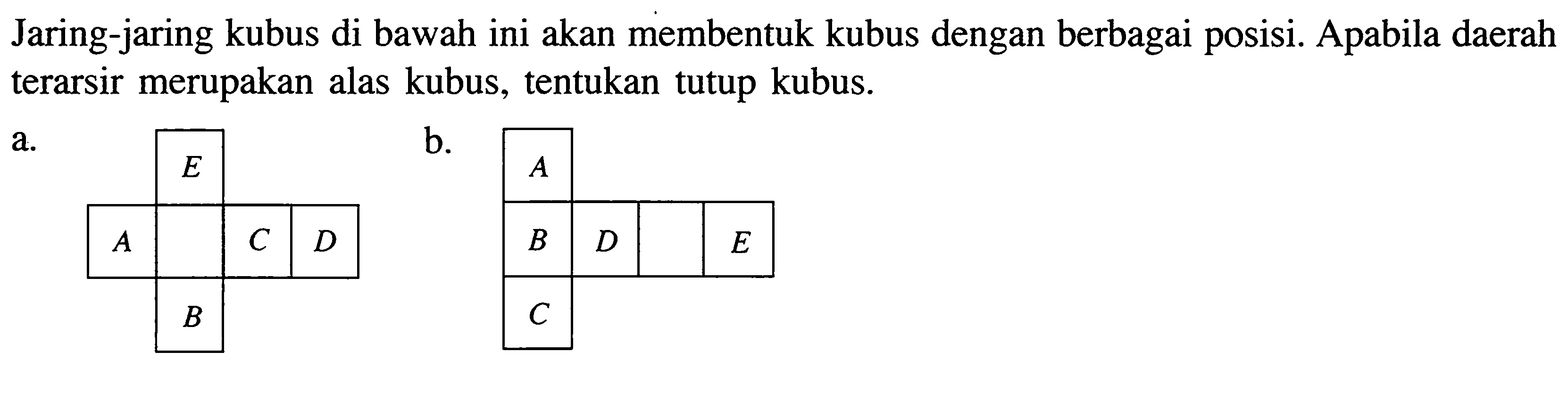 Jaring-jaring kubus di bawah ini akan membentuk kubus dengan berbagai posisi. Apabila daerah terarsir merupakan alas kubus, tentukan tutup kubus.a. A E  B C Db. A B C D  E